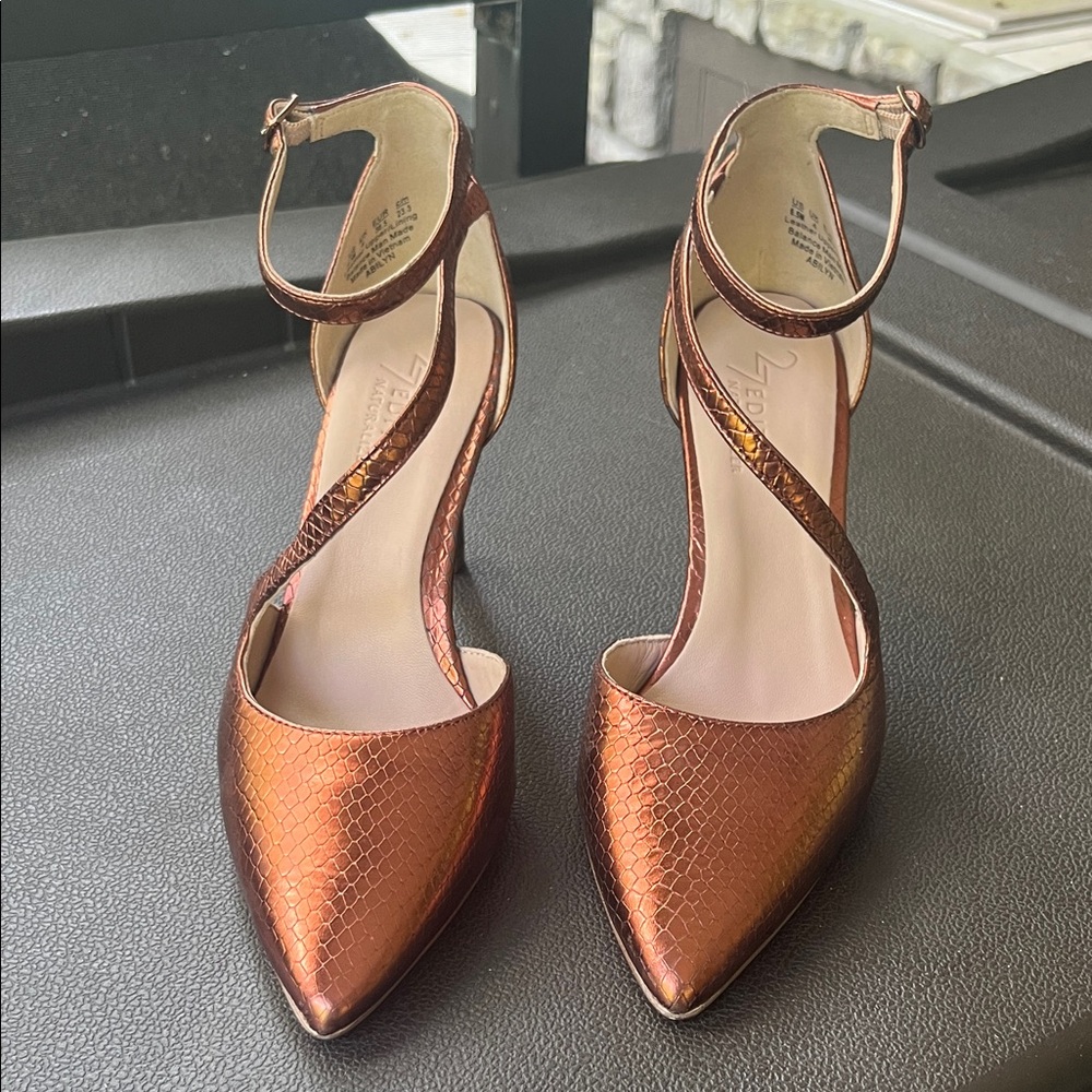 27 EDIT Metallic Copper Pointed-Toe Ankle-Strap Pumps - never been worn